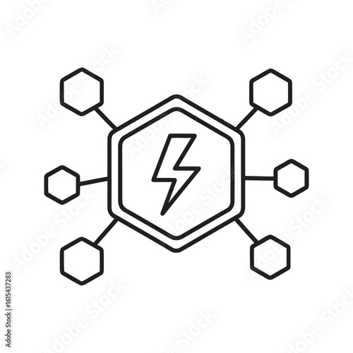 Line icon of a network diagram with a central energy bolt representing a decentralized power grid smart technology hub and data communication system vector stroke