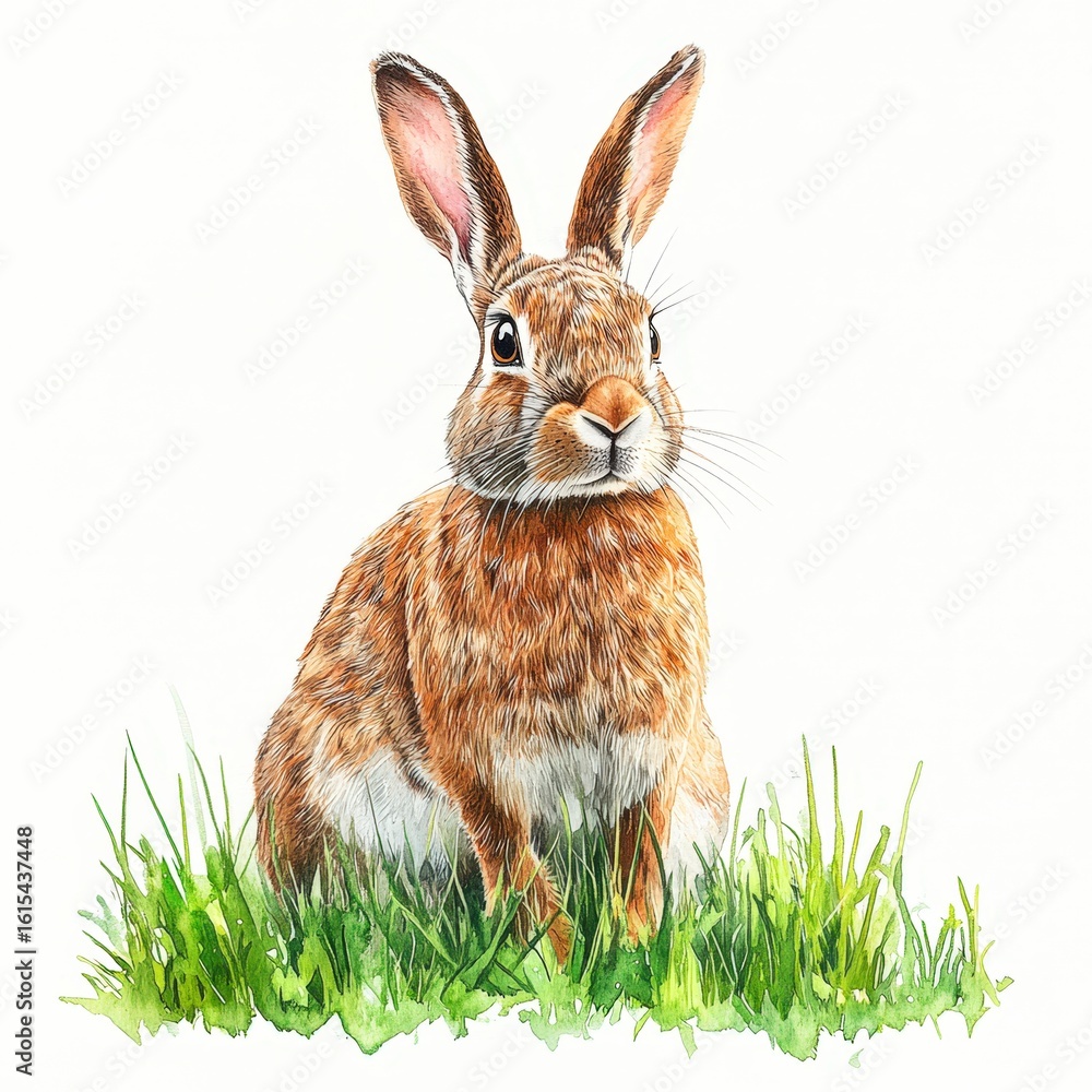 Fototapeta premium A realistic illustration of a rabbit sitting in fresh grass, ideal for nature-themed projects, children's books, or educational materials, The vibrant details capture the essence of wildlife,