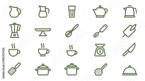 A set of 20 minimalist kitchen and cooking icons in a single line art style, arranged in a 5x4 grid