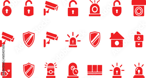 Red security icons including locks cameras shields and alarm lights