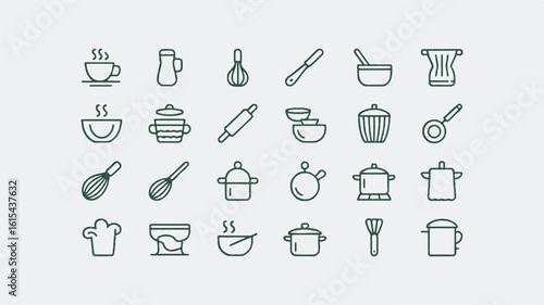 A set of 20 minimalist kitchen and cooking icons in a single line art style, arranged in a 5x4 grid_