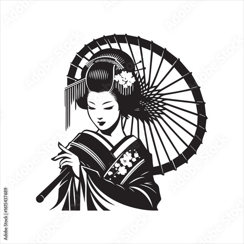 Elegant Black and White Illustration of a Traditional Japanese Geisha 4.