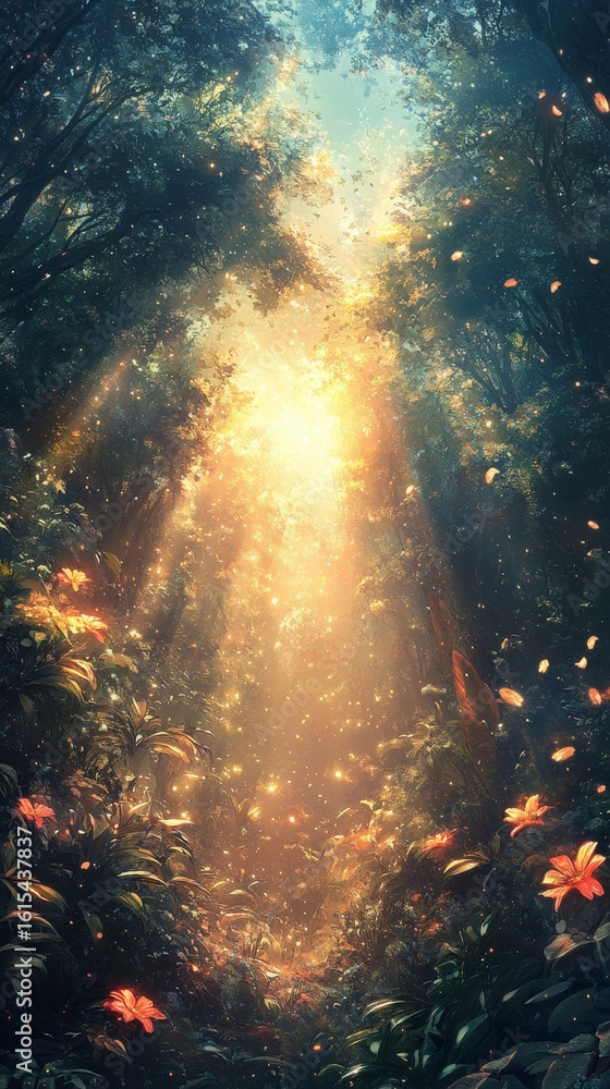 Obraz premium Sunlight Streaming Through Fantasy Forest with Flowers