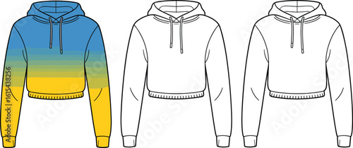Cropped hoodie with color gradient CAD drawing, vector illustration of casual sweatshirt design, front and back views, fashion flat sketch template