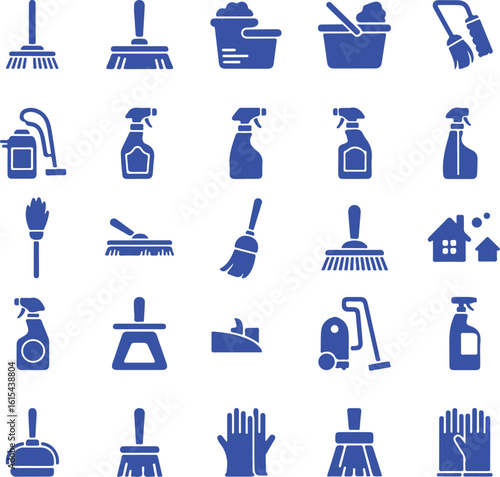 Blue cleaning tools and household icons broom
