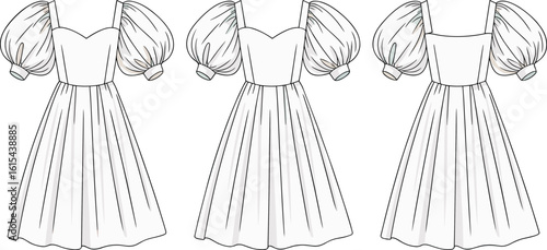 Women’s puff sleeve dress CAD flat sketch with sweetheart neckline, gathered skirt, fashion illustration front and back views vector