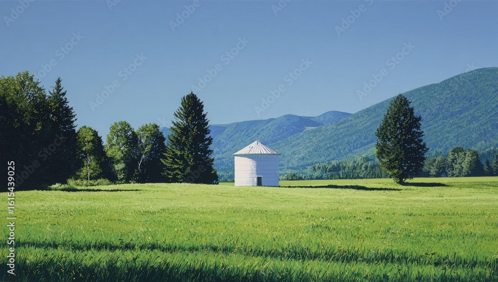 Obraz premium White round building in a grassy field, mountains in the background
