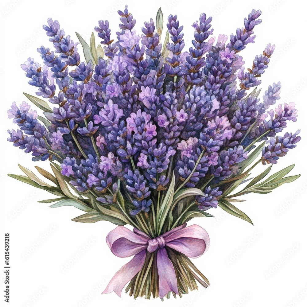 Fototapeta premium A vibrant bouquet of lavender flowers tied with a soft ribbon, perfect for use in wellness, aromatherapy, or gift-related projects, It can enhance designs focused on relaxation and nature,