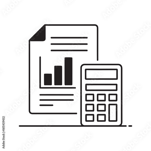 Line icon of a financial report with a bar graph and calculator representing business accounting budget calculation and data analysis for investment vector stroke