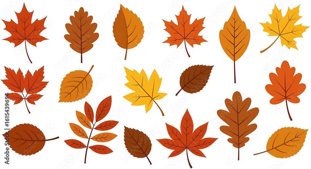 Fototapeta premium A collection of various autumn leaves in different shapes and colors on a white background design element