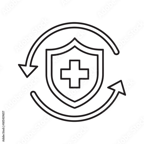 Line icon of a shield with a medical cross inside a circular arrow representing continuous health protection medical insurance and secure healthcare cycle vector stroke
