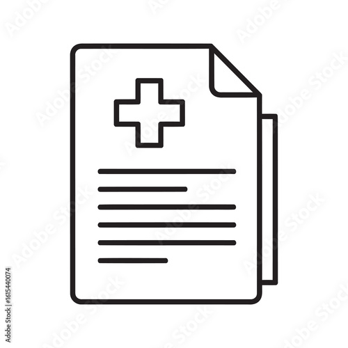 Line icon of a medical document with a health cross representing a patient file clinical report or a healthcare information record from a hospital vector stroke