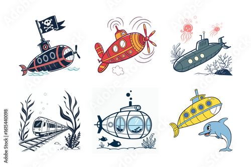 vector illustration of a set of icons for submarine exploring the Arctic waters 