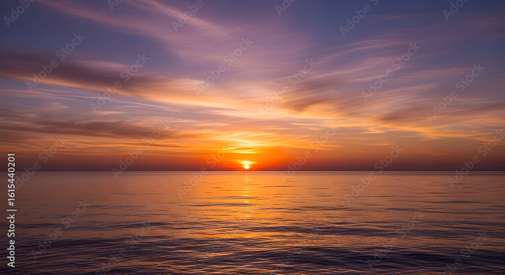 Obraz premium Wide shot of a tranquil sunset over a calm body of water. The sky displays a mix of orange, pink, and purple hues, while the water reflects the colors of the sky.