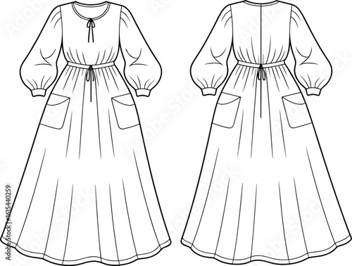Stylish Bohemian Maxi Dress Flat Sketch Design for Women, Flowy Long Sleeve Casual Wear with Pockets and Drawstring Waist Detail, Fashion Template