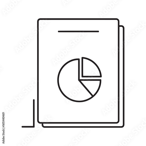 Line icon of a document with a pie chart representing a business report with statistical data for market share analysis and financial presentation vector stroke