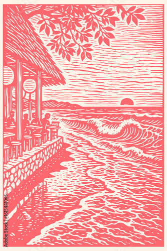 A seaside cafe on a tropical beach with ocean waves at sunset. Vector illustration in a vintage, hand-drawn woodcut or linocut printmaking style.