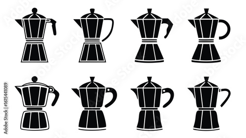 Clean minimalist black and white vector icons of eight stovetop espresso makers; simple, stylish coffee pot illustrations.