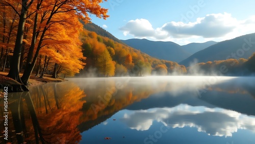 Autumn Serenity Lake Reflection Capturing the Vibrant Colors of Fall Trees and the Misty Morning Landscape in Nature