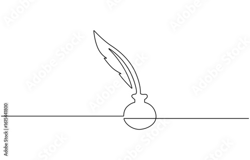 Single continuous line drawing a sheet of paper with quill. There is an inkwell to make writing, Full of allusions. World Poetry Day. Continuous line design graphic illustration.