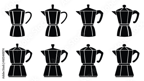 Clean minimalist black and white vector illustration of eight different stovetop espresso makers; simple, stylish coffee pot icons.