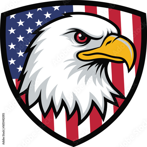 A bold illustration of a bald eagle's head, prominently featured within a shield design adorned with the American flag.