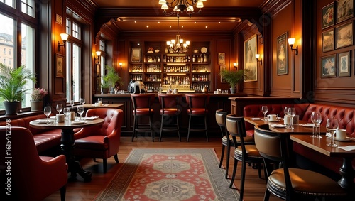 Elegant interior of a classic bar with wooden details and comfortable seating creating a warm and inviting atmosphere