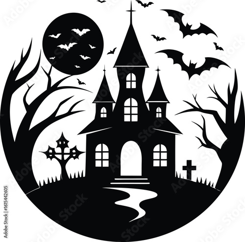 Vector illustration of spooky haunted house with bats and moon