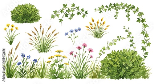 Watercolor illustration of various plants including flowers bushes and climbing vines on white