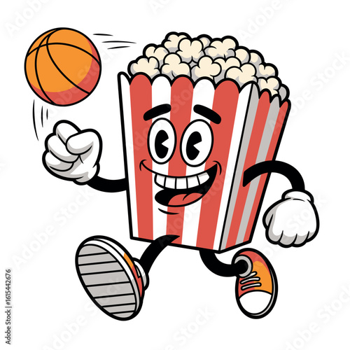 Cartoon popcorn character playing basketball with enthusiasm