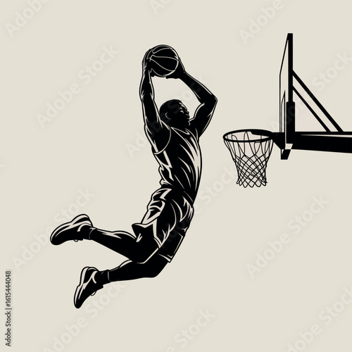 Silhouette of a basketball player dunking the ball with a stylized court background