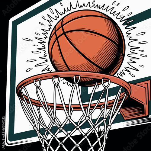 Close up of a basketball about to go through a hoop with a net