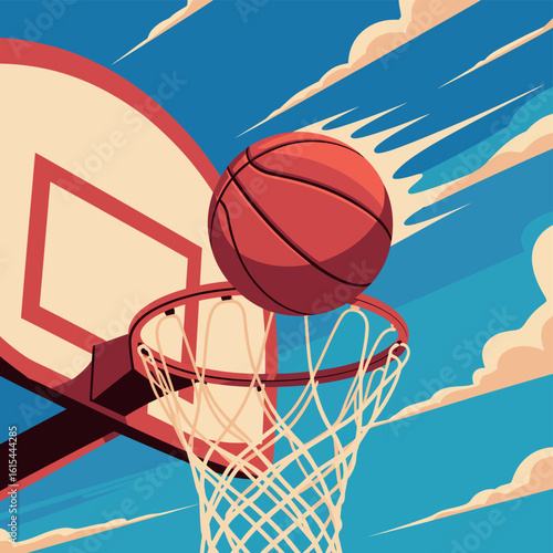 Basketball hoop and ball in action against a cloudy sky