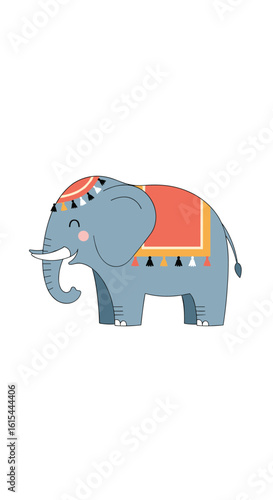Captivating illustration of a festive indian elephant adorned with a vibrant saddle and decorative tassels showcasing cultural richness and joyous celebration