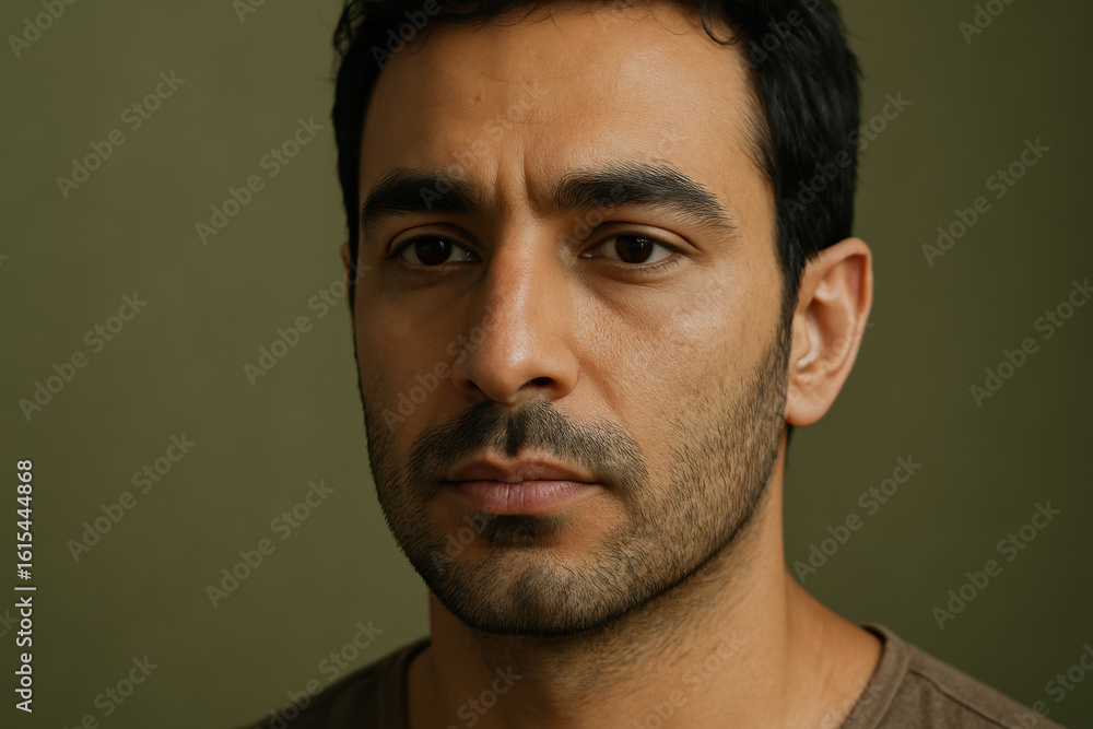 Obraz premium Serious young man with facial hair wearing a casual shirt, gazing forward against plain olive background in natural light