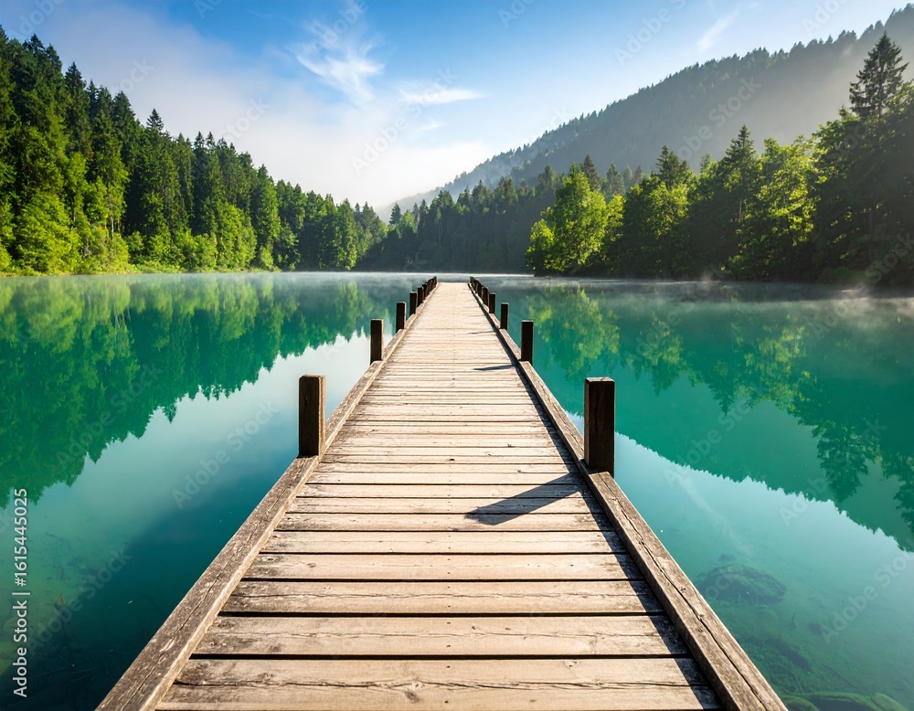 Naklejka premium Wooden Pier Extending into Lake - Nature scene - greenery