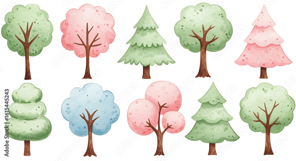 Fototapeta premium Watercolor illustration of various trees in pastel shades arranged on a white background