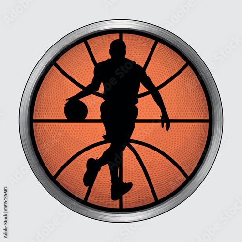 Silhouette of a basketball player dribbling a ball inside a basketball emblem