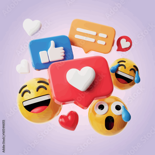 Social media icons and emojis on a light purple background