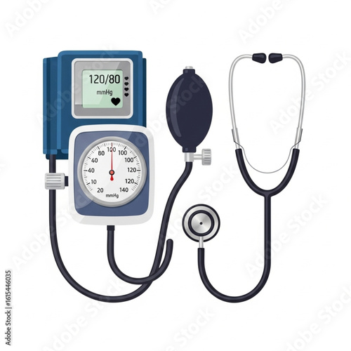 Blood pressure monitor and stethoscope medical equipment, healthcare illustration