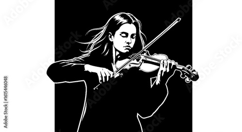 A passionate female violinist playing her instrument a black and white graphic illustration.