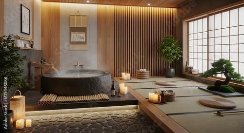 Luxurious traditional Japanese onsen spa interior with a steaming stone tub, tatami flooring, and ambient candlelight.