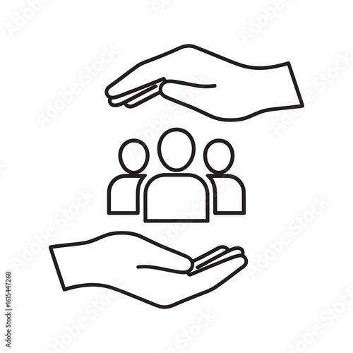 Community support icon with hands protecting a group of people representing employee care group insurance and human resource management line vector stroke