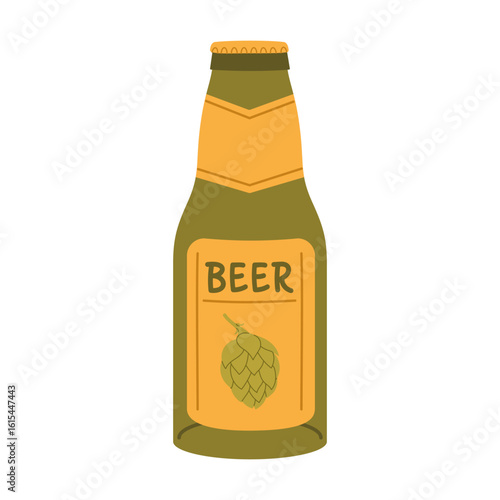 Green beer bottle with yellow label and hop cone illustration. Flat vector isolated illustration