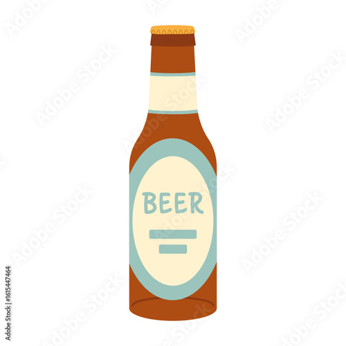 Brown beer bottle with blue label and gold cap. Flat vector isolated illustration