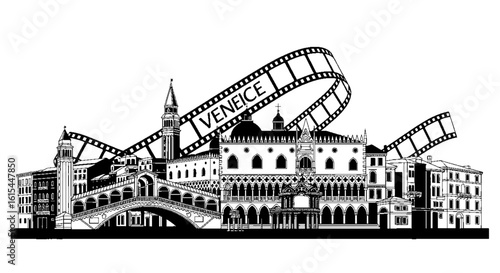 Stylized black and white illustration of the Venice skyline with a film strip representing the film festival.