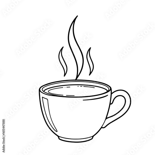 Outline drawing of a steaming coffee cup in simple style  