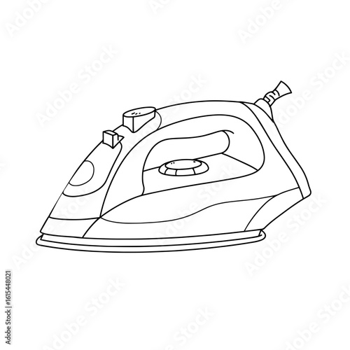 Iron appliance in line art style with minimal design elements  