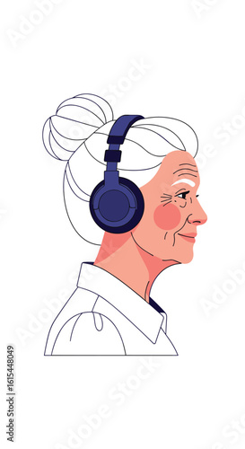 Elderly woman enjoying music through modern headphones while listening to audio content