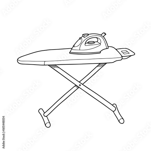 Ironing board with iron in minimalist outline design  